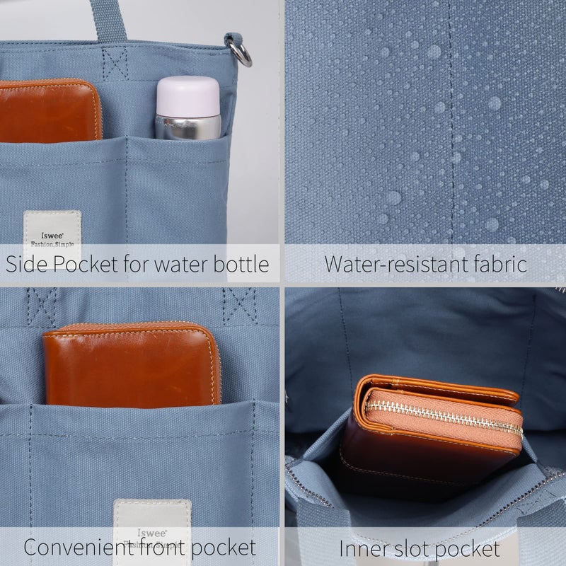 Iswee Canvas Tote Bag with Zipper Multi Pockets Tote Purse for Women Fashion Crossbody Tote Shoulder Bag Handbag Everyday Bag(Blue) - Image 5